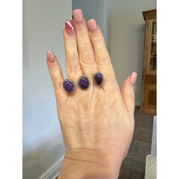 Unique Purple Copper Turquoise Double Finger Teardrop Sterling Silver Ring 8-9 - Picture 4 of 4